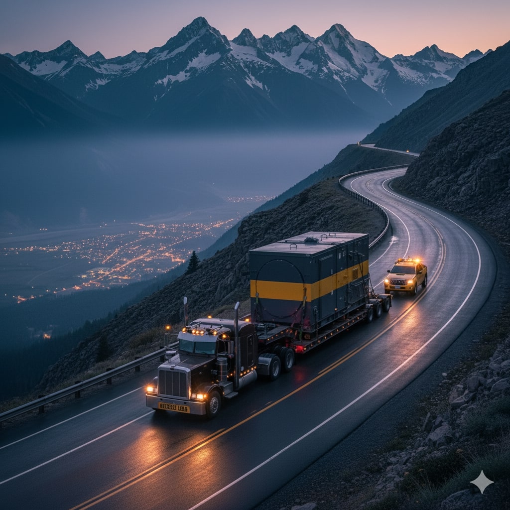 Transporte de generadores por carretera de montaña al amanecer