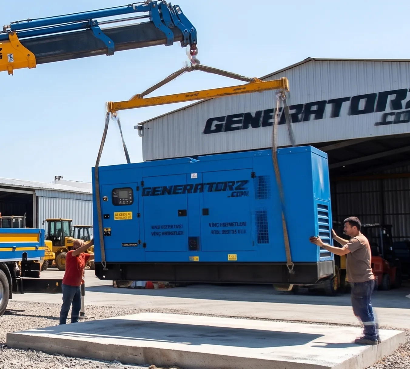 Teksan-generator wordt met kraan gehesen